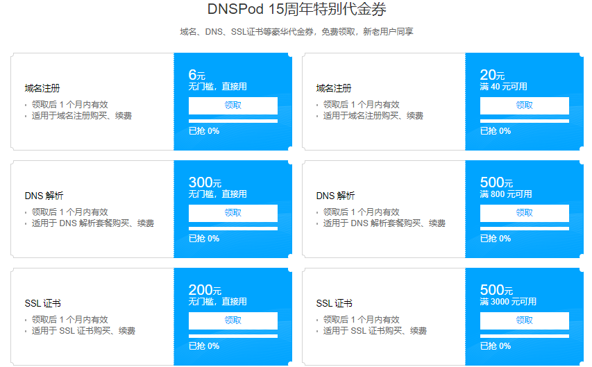 DNSPod 15周年特别代金券：域名注册续费、DNS解析、SSL证书无门槛优惠券-VPS SO